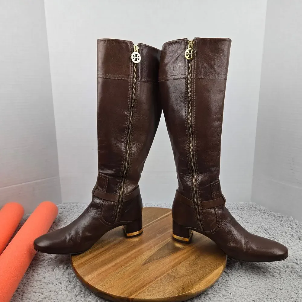 Tory Burch Womens 6.5M Brown Side Logo Gold Hardware Equestrian Riding Boot Heel